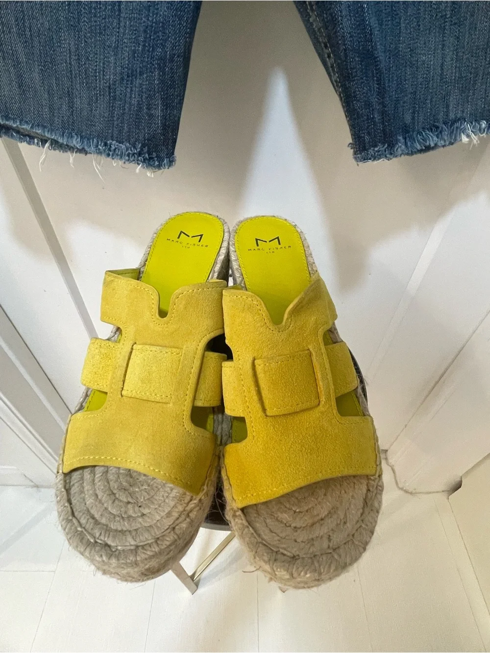 Marc Fisher Robbyn Platform Wedge Sandals Yellow Leather Espadrille  - Size 7.5